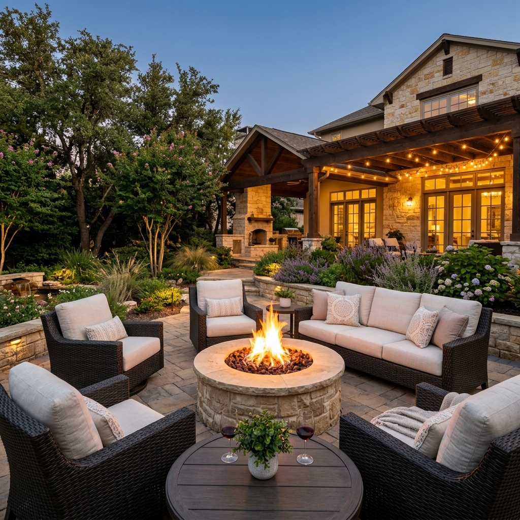 Natural stone patio with fire pit in Cedar Park TX