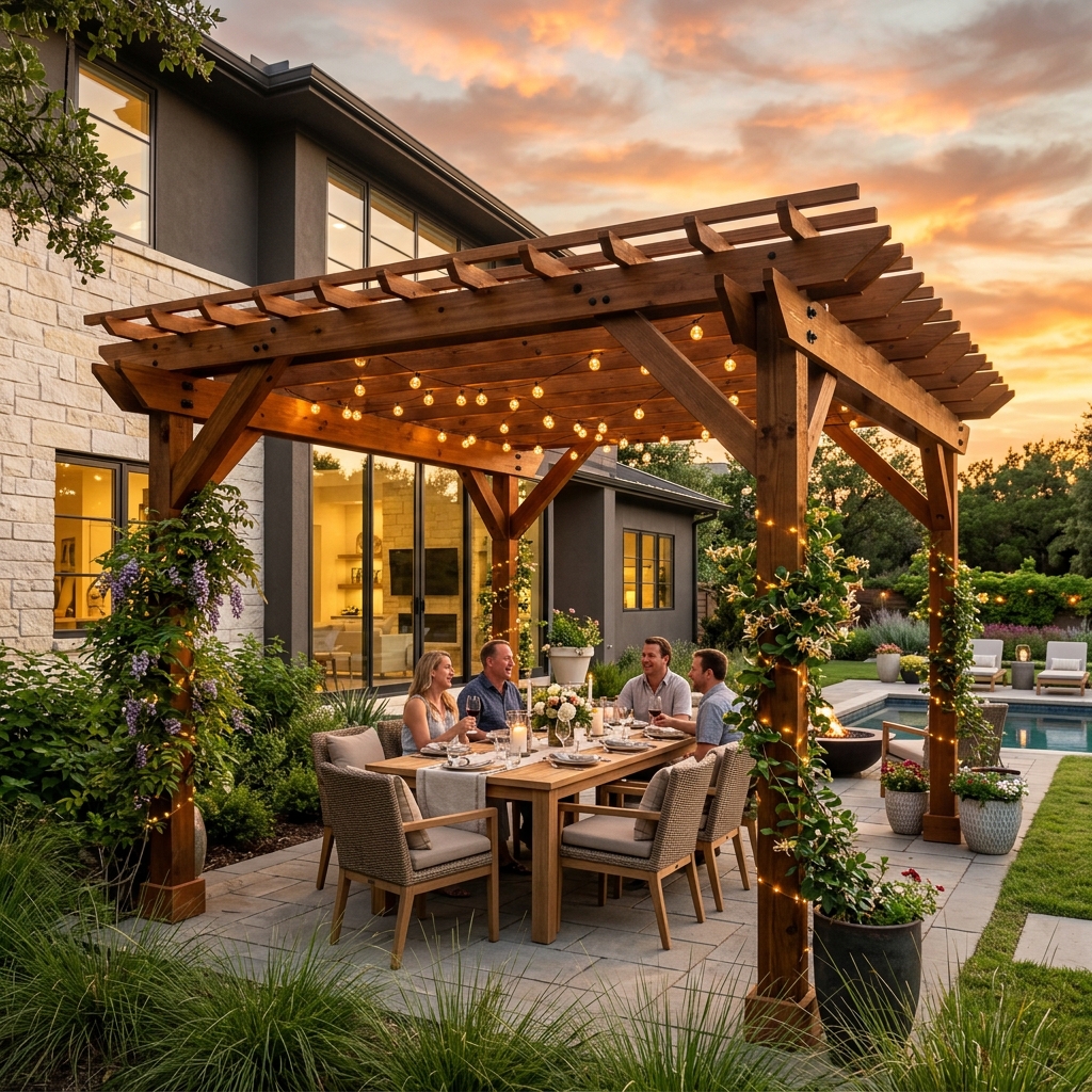 Cedar pergola with string lights in Austin TX