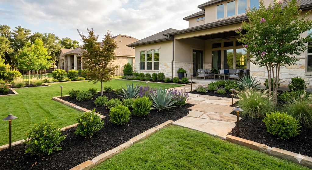 Landscaping and outdoor living integrated with pergola and plantings