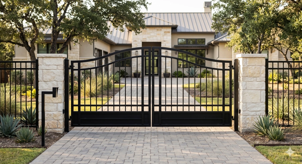 Custom metal gate and entry detail on a residential property