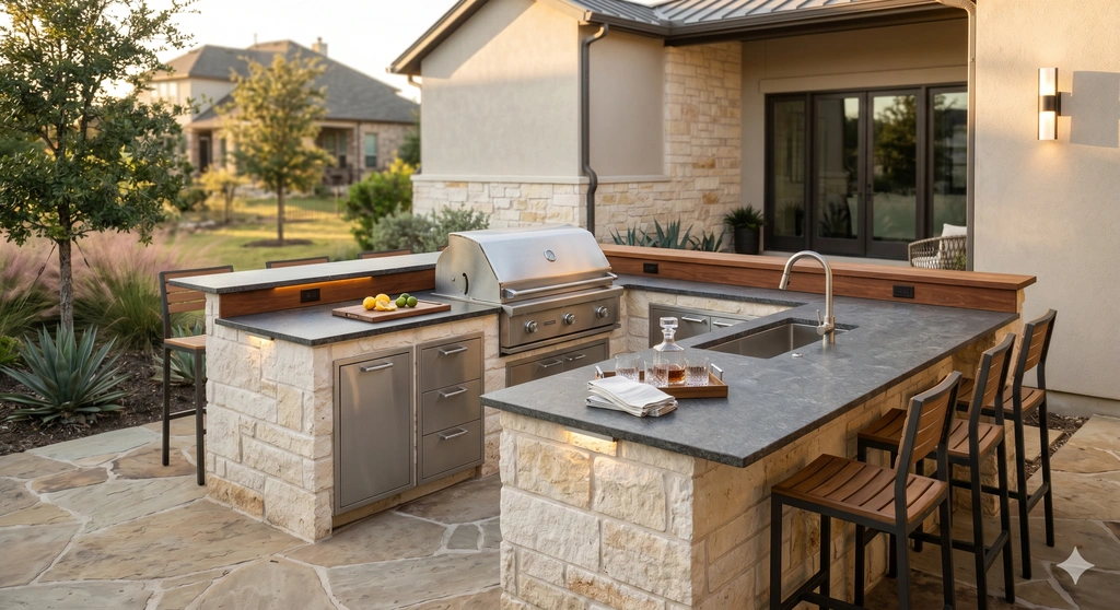 Luxury outdoor kitchen with grill and bar seating