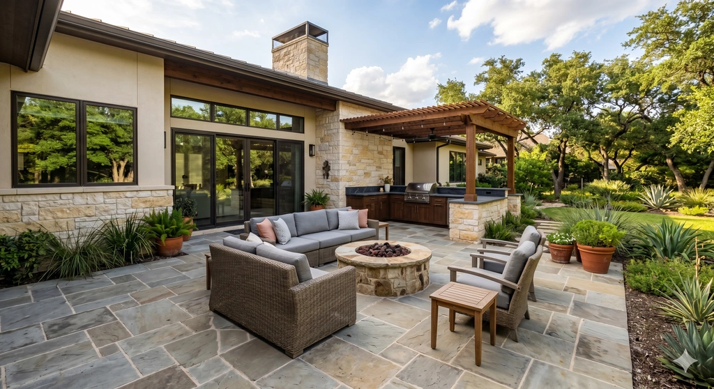 Elegant stone patio with fire pit in Cedar Park TX