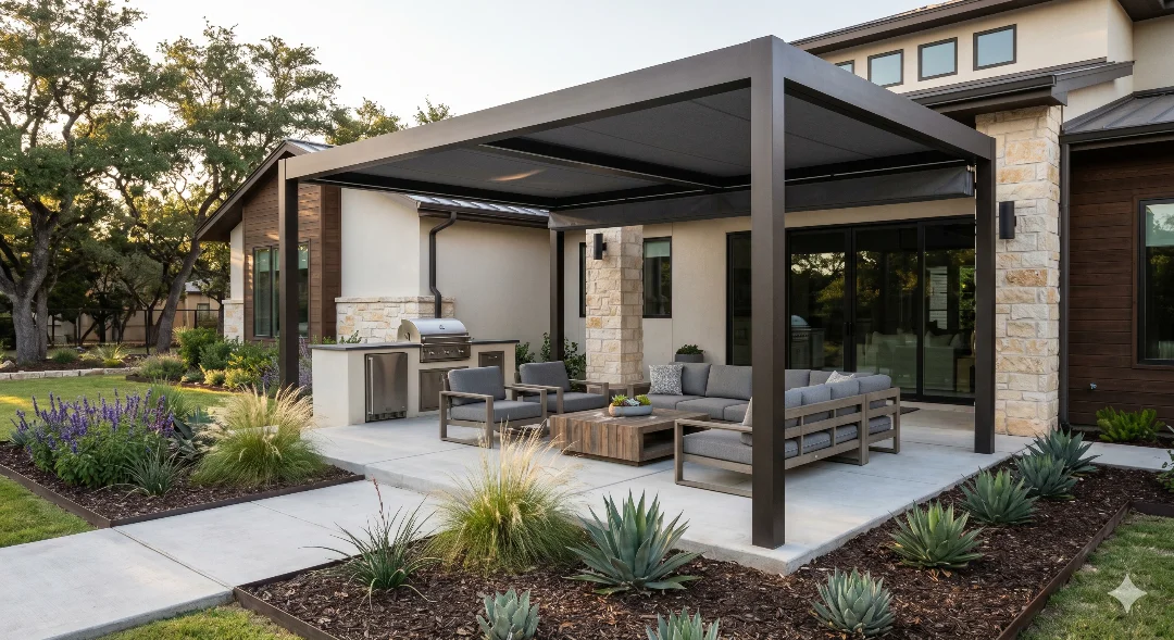 Modern cedar pergola with string lights in Austin TX