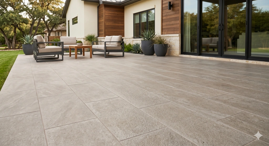 Stone and tile hardscape for patio and outdoor living
